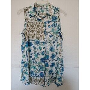 Rose And Olive Blouse Button Up Sleeveless Size S Relaxed Comfort White and Blue